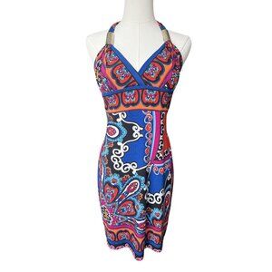 Vintage Cache Y2K Babydoll Dress Size 6 Colorful Statement Patchwork Halter Mini